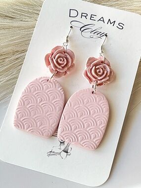 Handmade Pink Rose Dangle Earrings - Elegant Floral Women Jewelry (Polymer Clay)